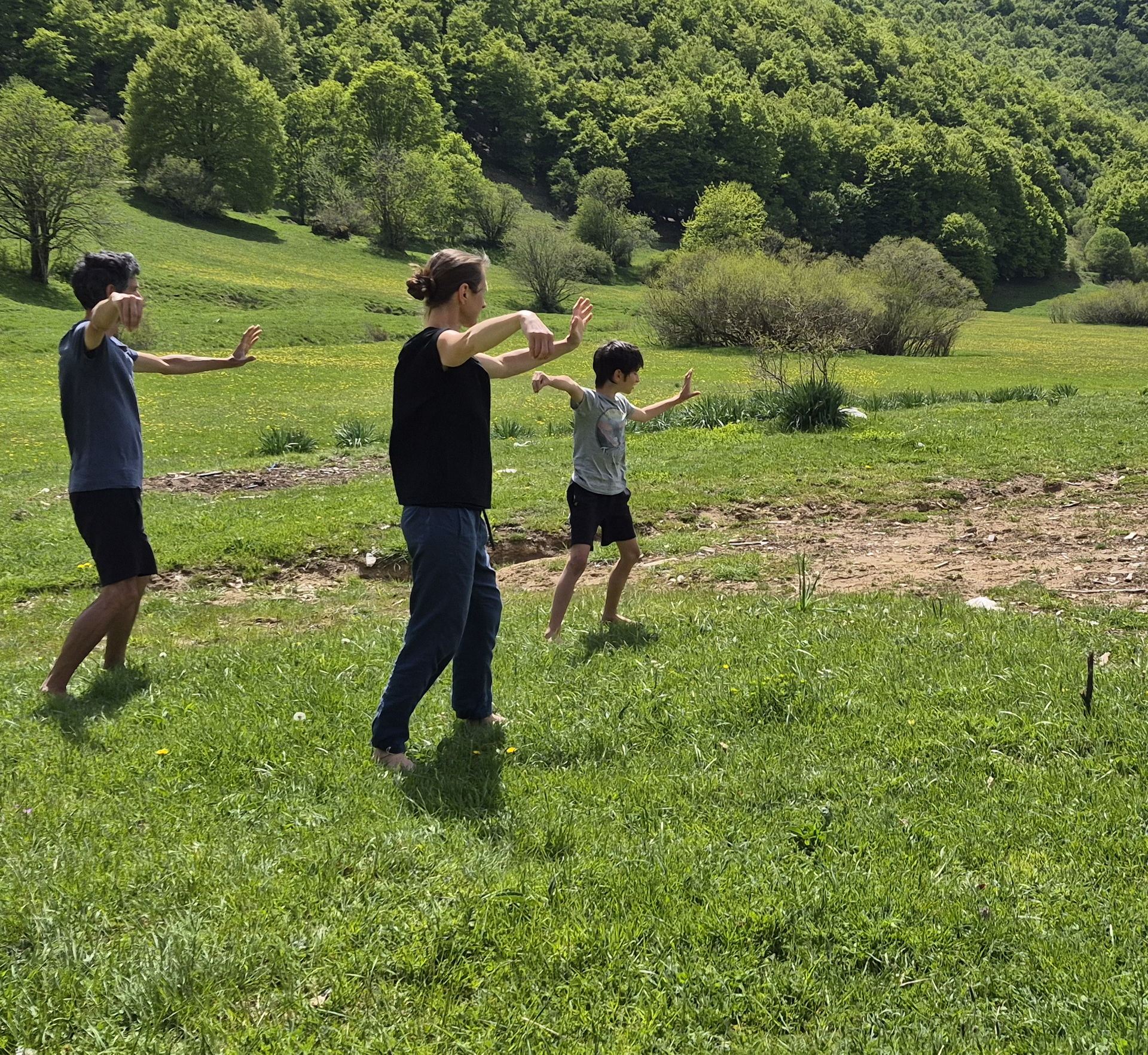 Trois pratiquants enchaînent la forme dans une prairie de montagne
